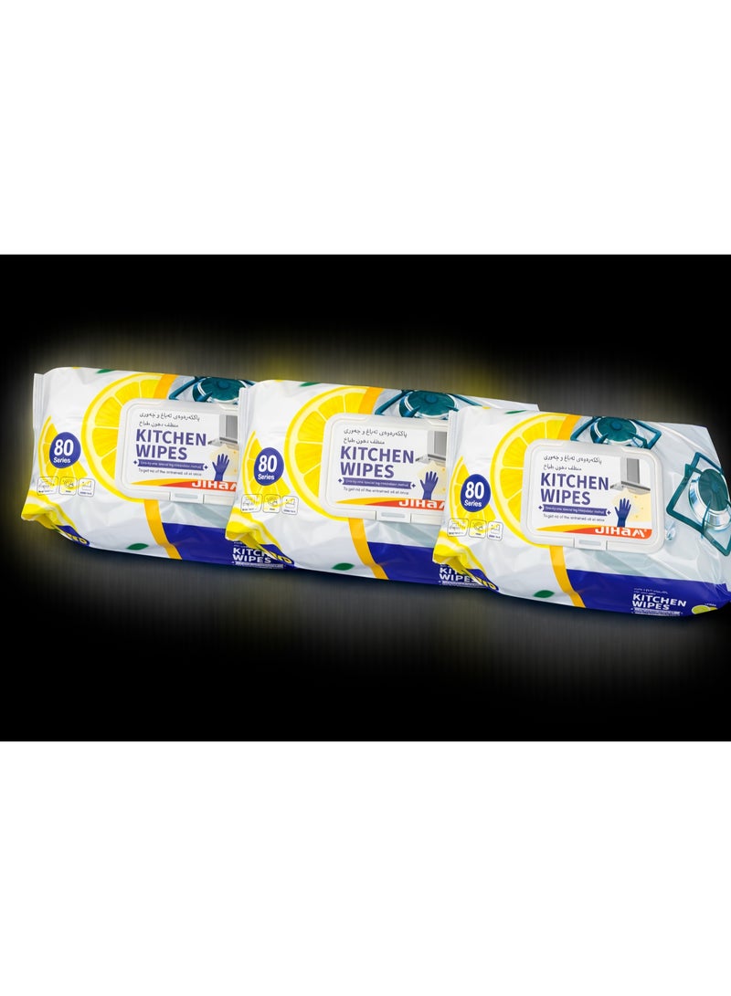 JIHAM Kitchen Cleaning Wipes Set of 3 (80 Wipes Each) – Multi-Surface Degreasing Wipes with Lemon Fresh Scent - Image 1