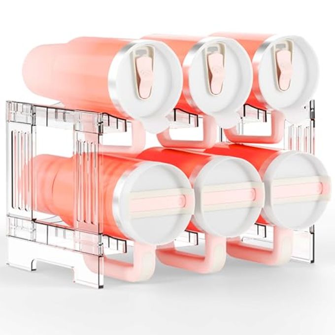 Yieach Large Stanley Cup Holder With Handle Groove,Stackable Tumbler and Water Bottle Organizer for Kitchen Cabinets,2 Tier Waterbottle and Cup Storage Organizer for 40 OZ Yeti,Owala,Yeti Storage