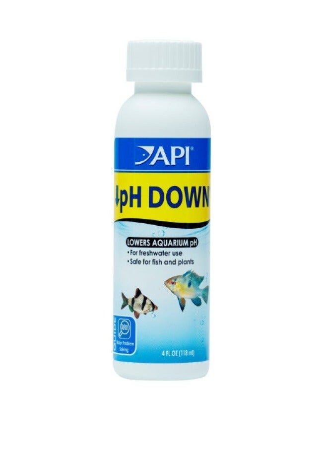 API PH DOWN. LOWERS AQUARIUM PH, FOR FRESH WATER USE,SAFE FOR FISH AND PLANTS 4FL OZ(118ML)