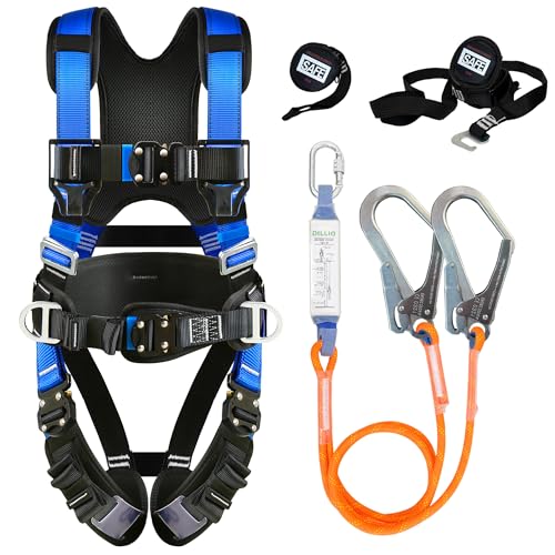 Safety Harness Fall Protection Kit with Shock Absorbing Lanyard Suspension Trauma Safety Straps Upgrade Quick Buckles Roofing Harness Construction Harness Para Construccion ANSI Compliant Blue