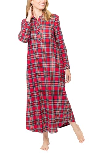 PajamaGram Flannel Nightgown - Women Nightgown, Red Stewart Plaid, LG - Image 1