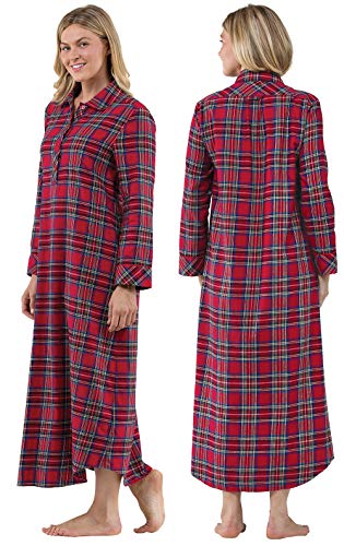 PajamaGram Flannel Nightgown - Women Nightgown, Red Stewart Plaid, LG - Image 2
