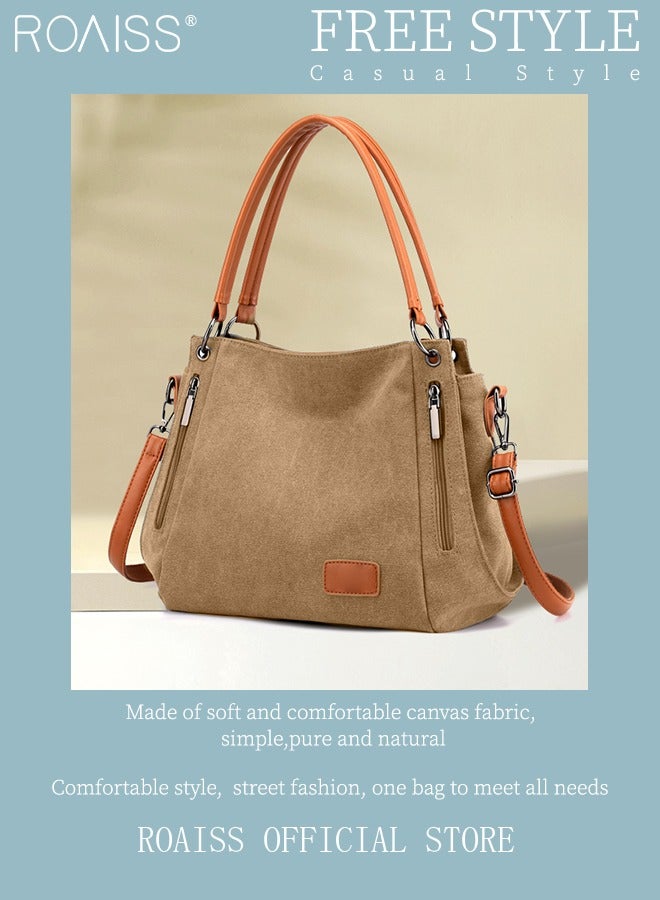 roaiss Large Capacity Shoulder Tote Bag Casual Canvas Handbag Crossbody with Long Strap Multi Pocket for Young Women Teenagers School Shopping & Front Zipper Pocket in Elegant Tan & Brown​  - Image 4