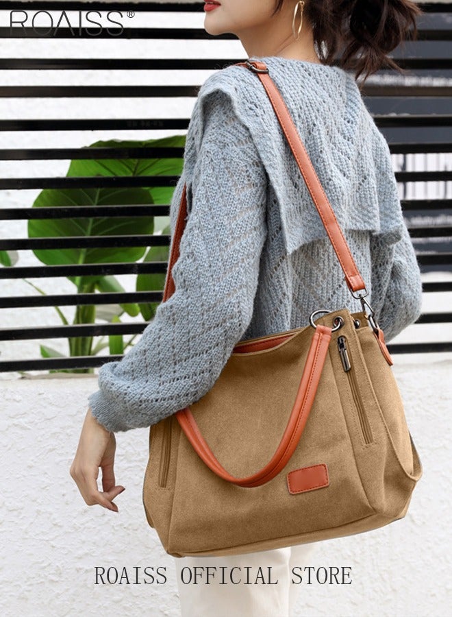 roaiss Large Capacity Shoulder Tote Bag Casual Canvas Handbag Crossbody with Long Strap Multi Pocket for Young Women Teenagers School Shopping & Front Zipper Pocket in Elegant Tan & Brown​  - Image 3
