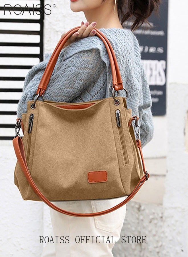 roaiss Large Capacity Shoulder Tote Bag Casual Canvas Handbag Crossbody with Long Strap Multi Pocket for Young Women Teenagers School Shopping & Front Zipper Pocket in Elegant Tan & Brown​  - Image 1