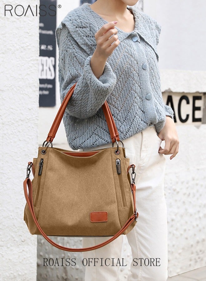 roaiss Large Capacity Shoulder Tote Bag Casual Canvas Handbag Crossbody with Long Strap Multi Pocket for Young Women Teenagers School Shopping & Front Zipper Pocket in Elegant Tan & Brown​  - Image 2
