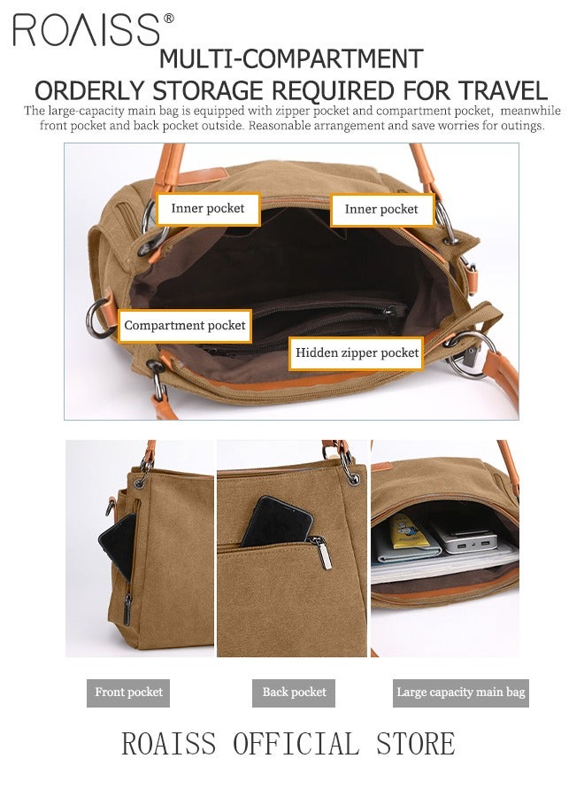 roaiss Large Capacity Shoulder Tote Bag Casual Canvas Handbag Crossbody with Long Strap Multi Pocket for Young Women Teenagers School Shopping & Front Zipper Pocket in Elegant Tan & Brown​  - Image 5