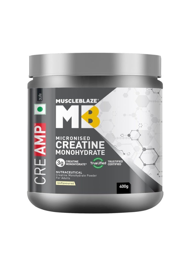 MuscleBlaze Micronised Creatine Monohydrate CreAMP Powder, Unflavoured (129 servings, 400g) | Trustified Certified Creatine - Image 1