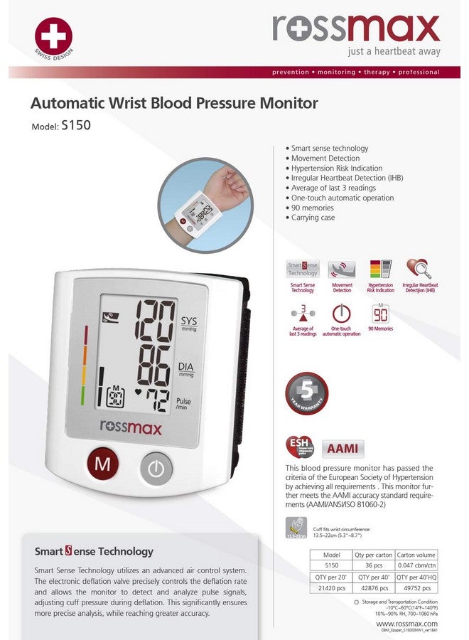 Rossmax Rossmax S150: Advanced Automatic Wrist Blood Pressure Monitor with Smart Technology for Accurate Readings and Portable Health Monitoring  - Image 2