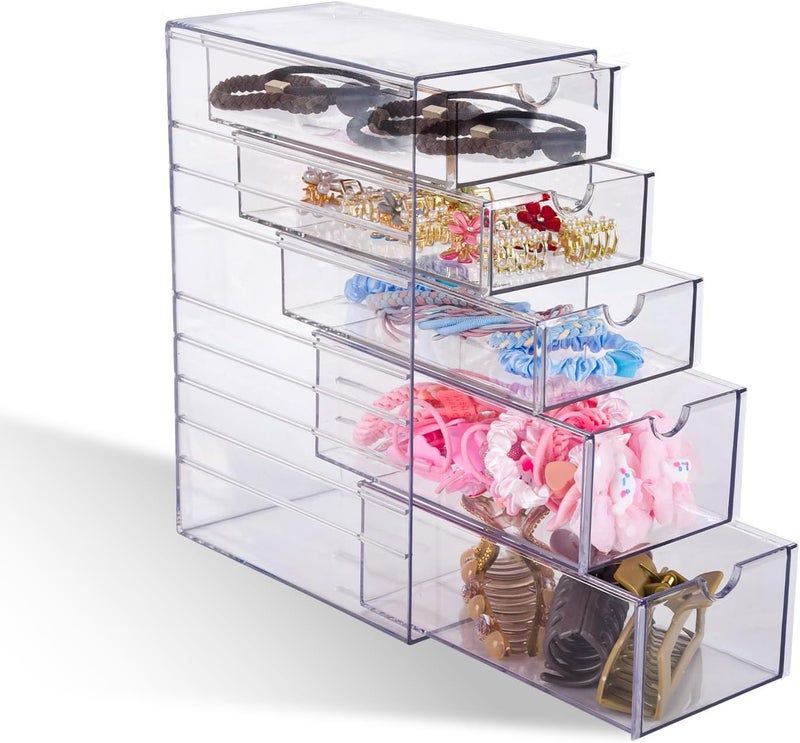 Wiojtry Hair Accessories Organizer. Clear Hair Organizer Storage Box. Plastic Drawer Storage with 5 Different Sizes Drawers. Hair Accessory Container for Bathroom Closet Desk Office - Image 1