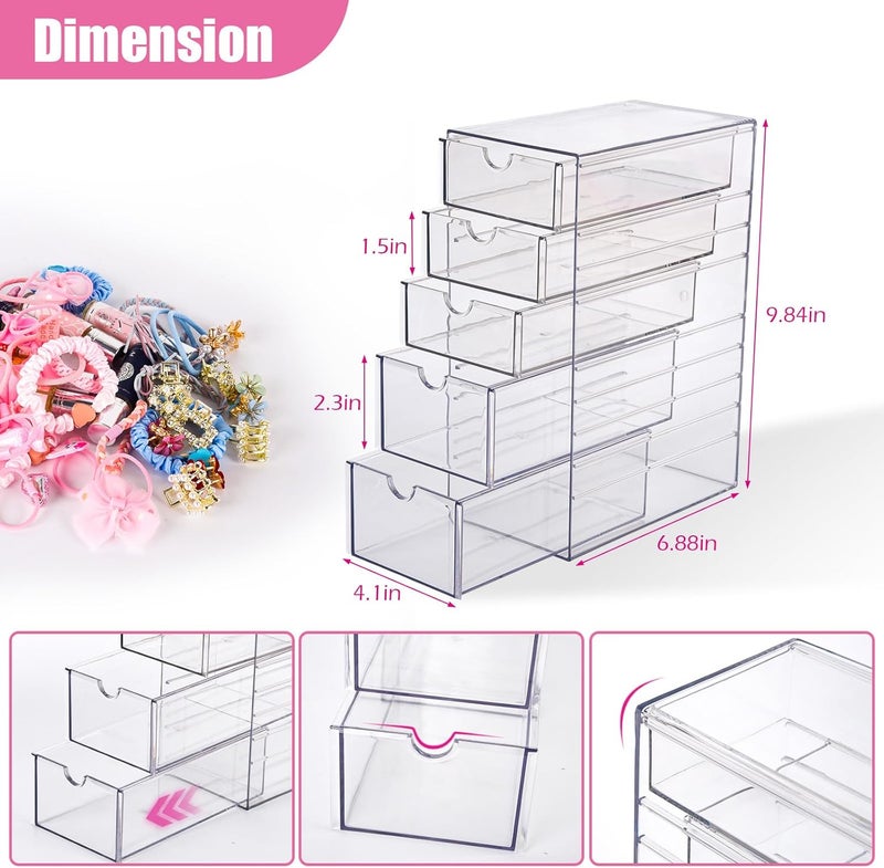 Wiojtry Hair Accessories Organizer. Clear Hair Organizer Storage Box. Plastic Drawer Storage with 5 Different Sizes Drawers. Hair Accessory Container for Bathroom Closet Desk Office - Image 2