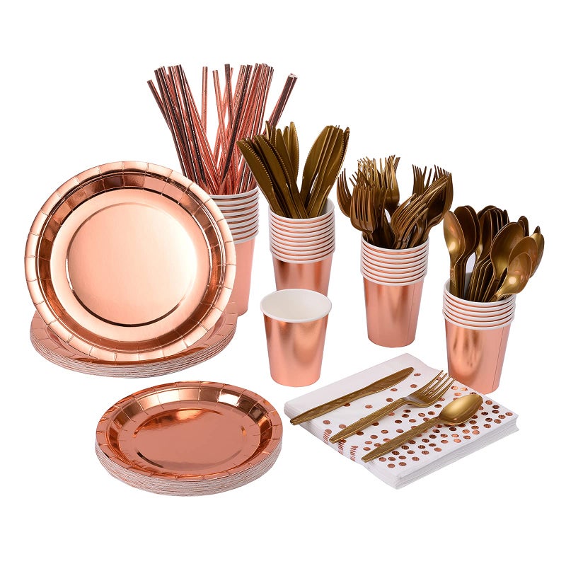 YAOSHENG 201 Rose Gold Party Supplies - Rose Gold Paper Plates & Napkins Cups Silverware Serves 25 Sets for Wedding Bridal Shower Engagement Birthday Parties.(Rose gold) - Image 1