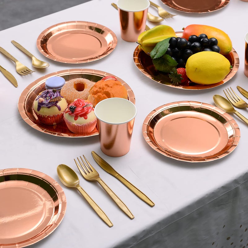 YAOSHENG 201 Rose Gold Party Supplies - Rose Gold Paper Plates & Napkins Cups Silverware Serves 25 Sets for Wedding Bridal Shower Engagement Birthday Parties.(Rose gold) - Image 4