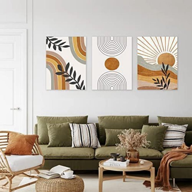 ASTRDECOR مجموعة فنون جدارية بأسلوب البوهو من 3 قطع، طباعات فنية عصرية منتصف القرن، طباعات على قماش هندسية بألوان محايدة، أبعاد 12 بوصة × 16 بوصة، جاهزة للتعليق. - Image 3
