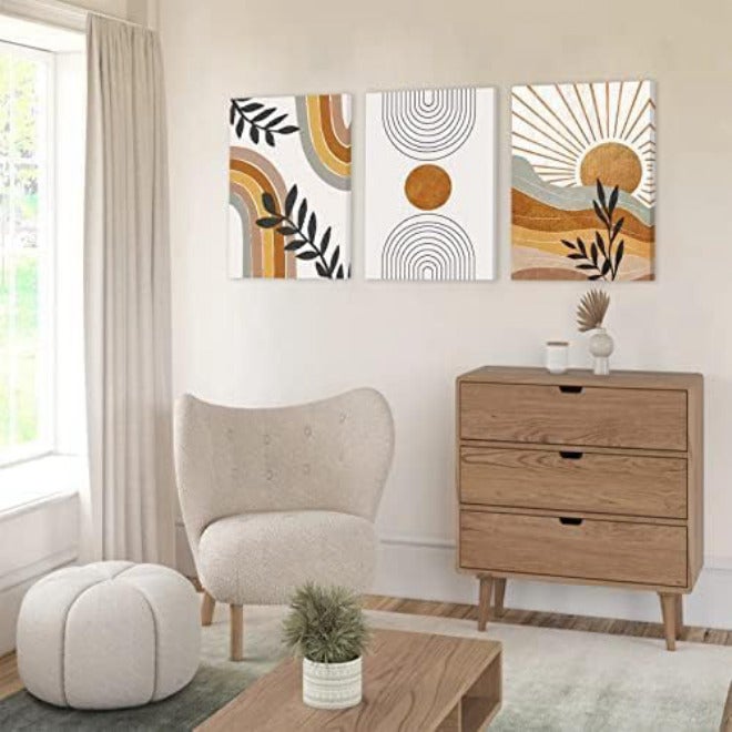 ASTRDECOR مجموعة فنون جدارية بأسلوب البوهو من 3 قطع، طباعات فنية عصرية منتصف القرن، طباعات على قماش هندسية بألوان محايدة، أبعاد 12 بوصة × 16 بوصة، جاهزة للتعليق. - Image 5