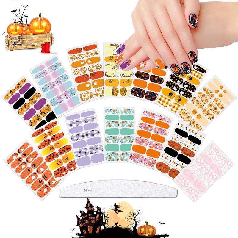 JERCLITY 14 Sheets Halloween Nail Stickers Full Nail Wraps for Women Halloween Nail Art Stick On Nail Polish Strips Stickers Halloween Nail Decals for Girls Kids