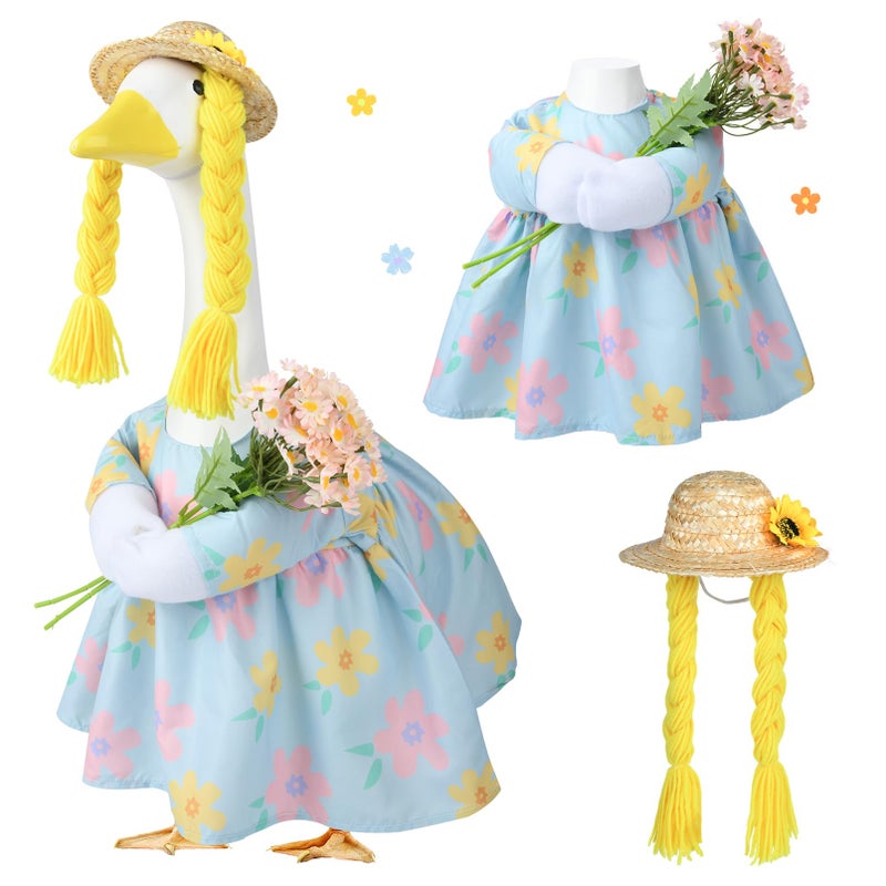 VIVOLOOM Spring Porch Goose Outfit, 23 Inch Floral Dress with Straw Hat and Braided Hair, Cute Goose Statue Clothes for Outdoor Lawn Garden Decor, Funny Farmhouse Porch Decoration - Image 1