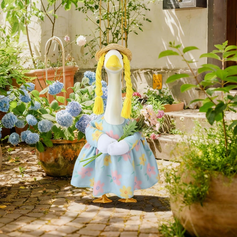 VIVOLOOM Spring Porch Goose Outfit, 23 Inch Floral Dress with Straw Hat and Braided Hair, Cute Goose Statue Clothes for Outdoor Lawn Garden Decor, Funny Farmhouse Porch Decoration - Image 2