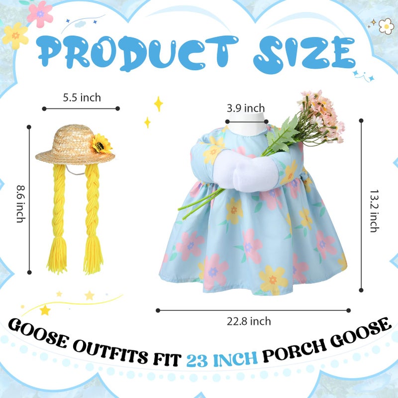 VIVOLOOM Spring Porch Goose Outfit, 23 Inch Floral Dress with Straw Hat and Braided Hair, Cute Goose Statue Clothes for Outdoor Lawn Garden Decor, Funny Farmhouse Porch Decoration - Image 4