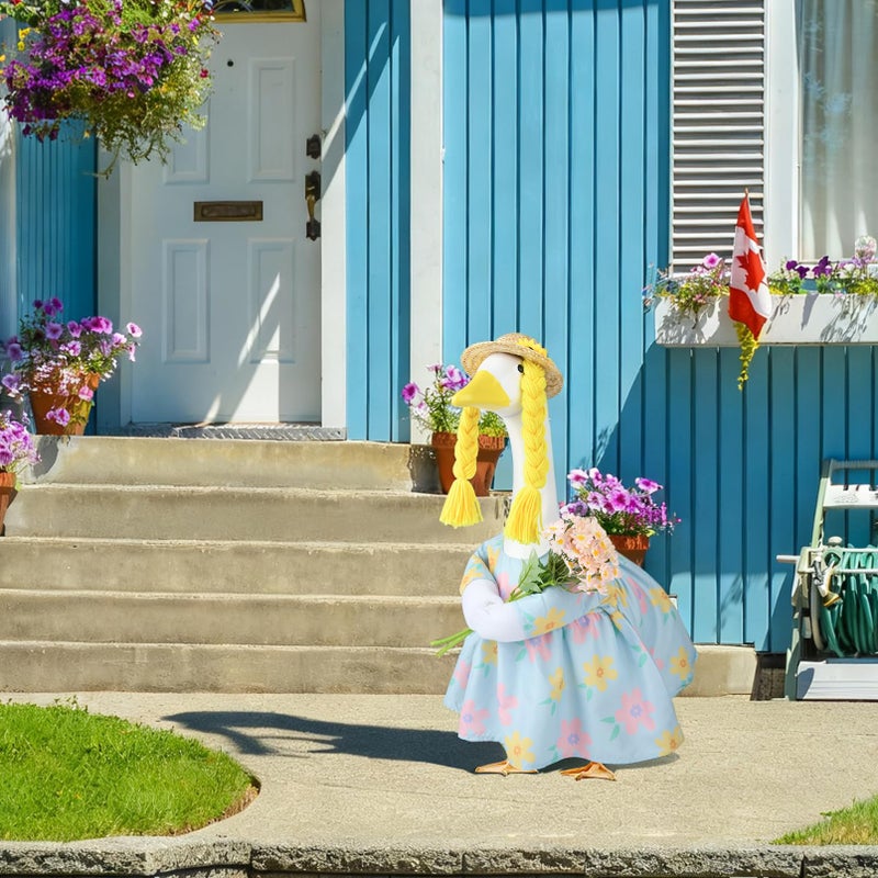 VIVOLOOM Spring Porch Goose Outfit, 23 Inch Floral Dress with Straw Hat and Braided Hair, Cute Goose Statue Clothes for Outdoor Lawn Garden Decor, Funny Farmhouse Porch Decoration - Image 5