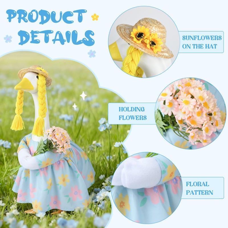 VIVOLOOM Spring Porch Goose Outfit, 23 Inch Floral Dress with Straw Hat and Braided Hair, Cute Goose Statue Clothes for Outdoor Lawn Garden Decor, Funny Farmhouse Porch Decoration - Image 3