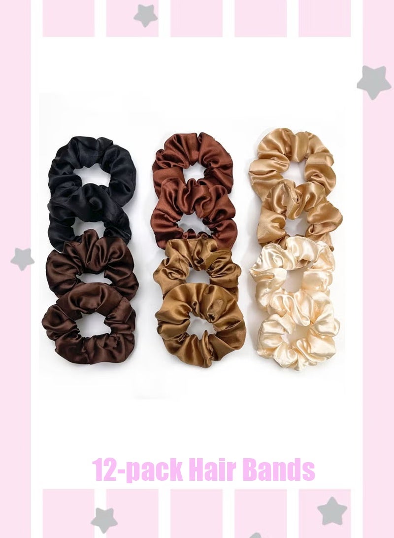 12 Pcs Satin Hair Scrunchies, Soft & Comfortable Satin Scrunchy, Hair Ties Bows Ropes, Elastics Ponytail Holders for Women Girls Hair Accessories(Earthy Shades) - Image 1