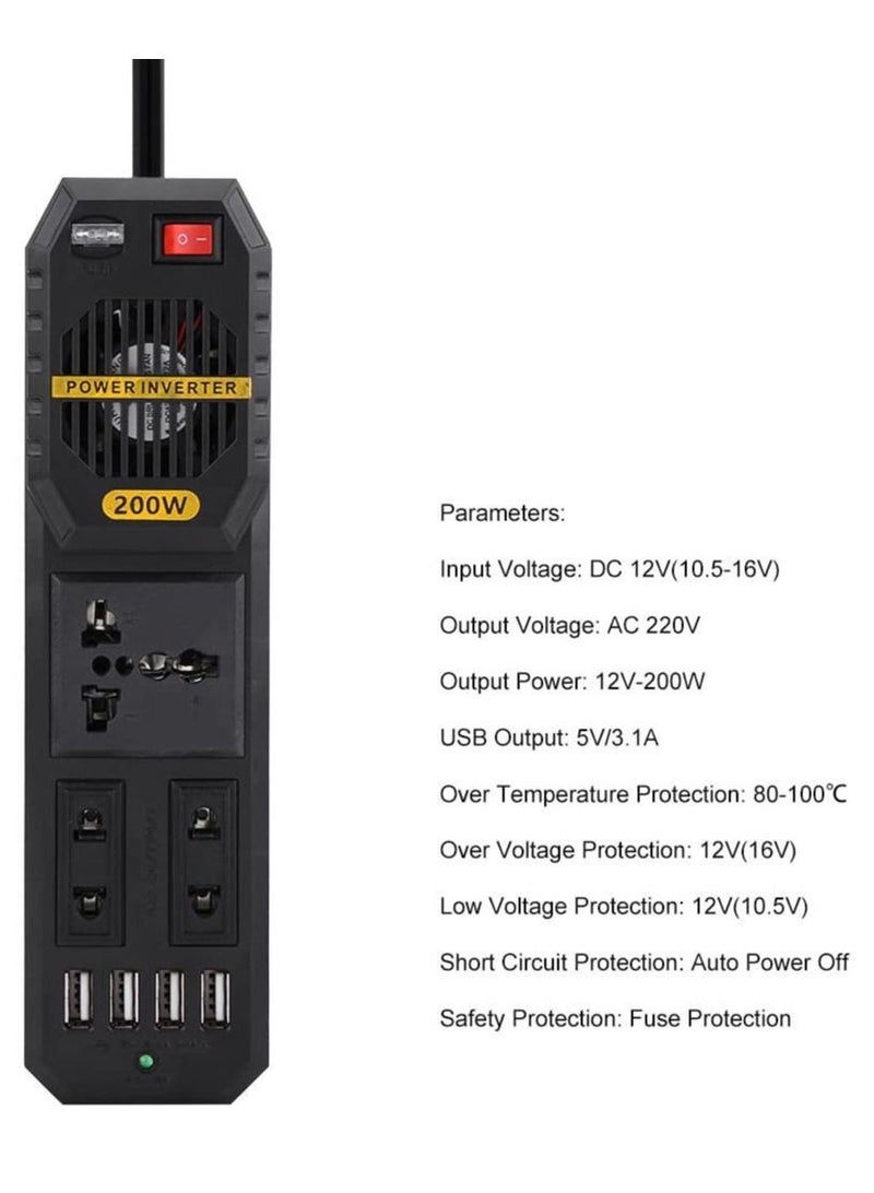 Crony 200W Power Inverter, DC 12V to AC 220V Car Power Inverter with 4 USB Port Cigarette Lighter - Image 4
