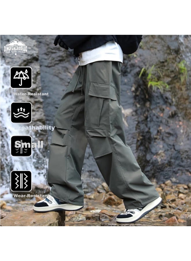 Dingfengbaoluo Men's Outdoor Waterproof Work Pants Spring Functional Loose Fit Hiking Casual Paratrooper Trousers Bwy15 Gray Green M - Image 1