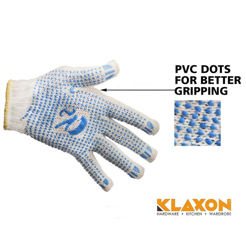 Klaxon Fortuner Cotton Safety Hand Gloves with PVC Dots for Better Gripping (White & Blue) - Pair of 10 - Image 4