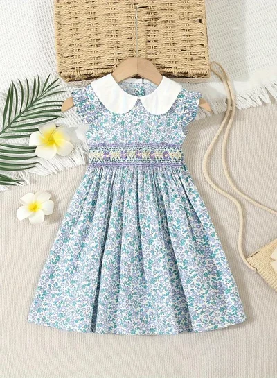 Take Two Girls Blue Peter Pan Collar Smocked Dress