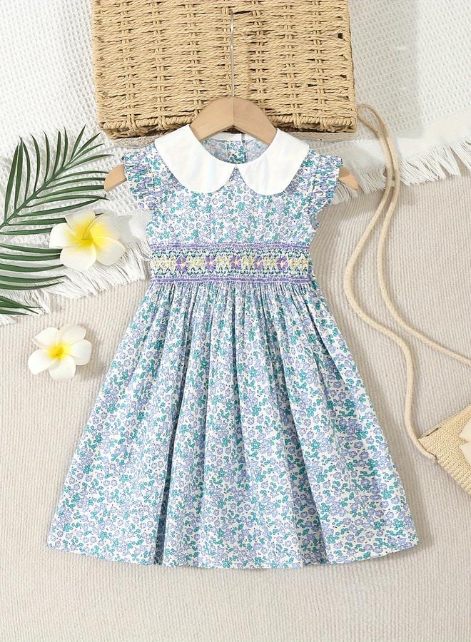 تايك تو فستان بناتي بياقة بيتر بان مطرز باللون الأزرق - Image 1