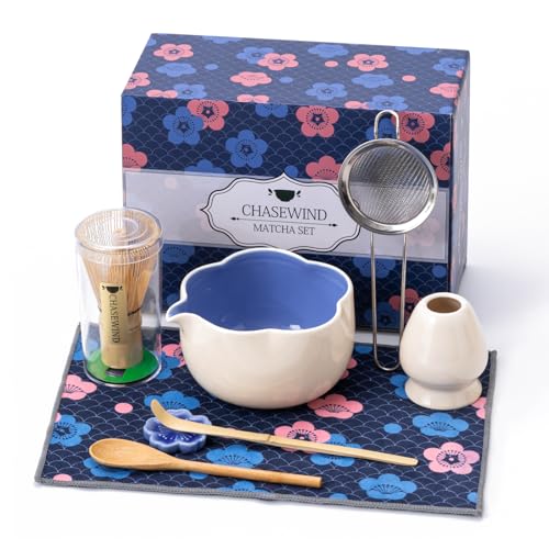 ChaseWind Matcha Set, 8Pcs Floral Ceramic Matcha Set with Matcha Whisk, Holder, Scoop, Scoop Rest, Sifter, Spoon and Tea Towel - Thoughtful Matcha Whisk Set Gift for Matcha Lovers (Beige & Blue) - Image 1