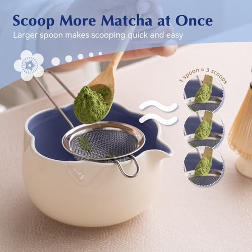 ChaseWind Matcha Set, 8Pcs Floral Ceramic Matcha Set with Matcha Whisk, Holder, Scoop, Scoop Rest, Sifter, Spoon and Tea Towel - Thoughtful Matcha Whisk Set Gift for Matcha Lovers (Beige & Blue) - Image 5
