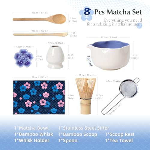ChaseWind Matcha Set, 8Pcs Floral Ceramic Matcha Set with Matcha Whisk, Holder, Scoop, Scoop Rest, Sifter, Spoon and Tea Towel - Thoughtful Matcha Whisk Set Gift for Matcha Lovers (Beige & Blue) - Image 3