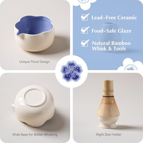 ChaseWind Matcha Set, 8Pcs Floral Ceramic Matcha Set with Matcha Whisk, Holder, Scoop, Scoop Rest, Sifter, Spoon and Tea Towel - Thoughtful Matcha Whisk Set Gift for Matcha Lovers (Beige & Blue) - Image 4
