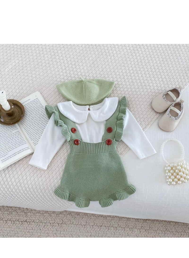 Baby And Toddler Style Sweet Ruffled Overalls+Lace Top+Hat Set - Image 1