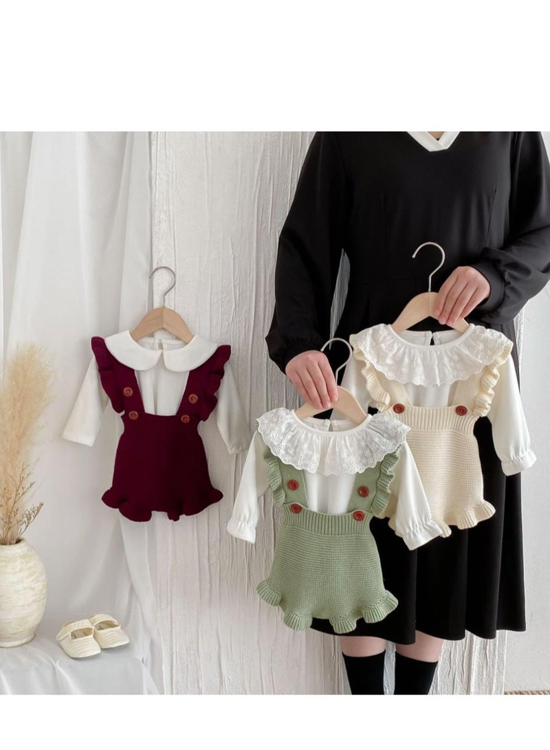 Baby And Toddler Style Sweet Ruffled Overalls+Lace Top+Hat Set - Image 3
