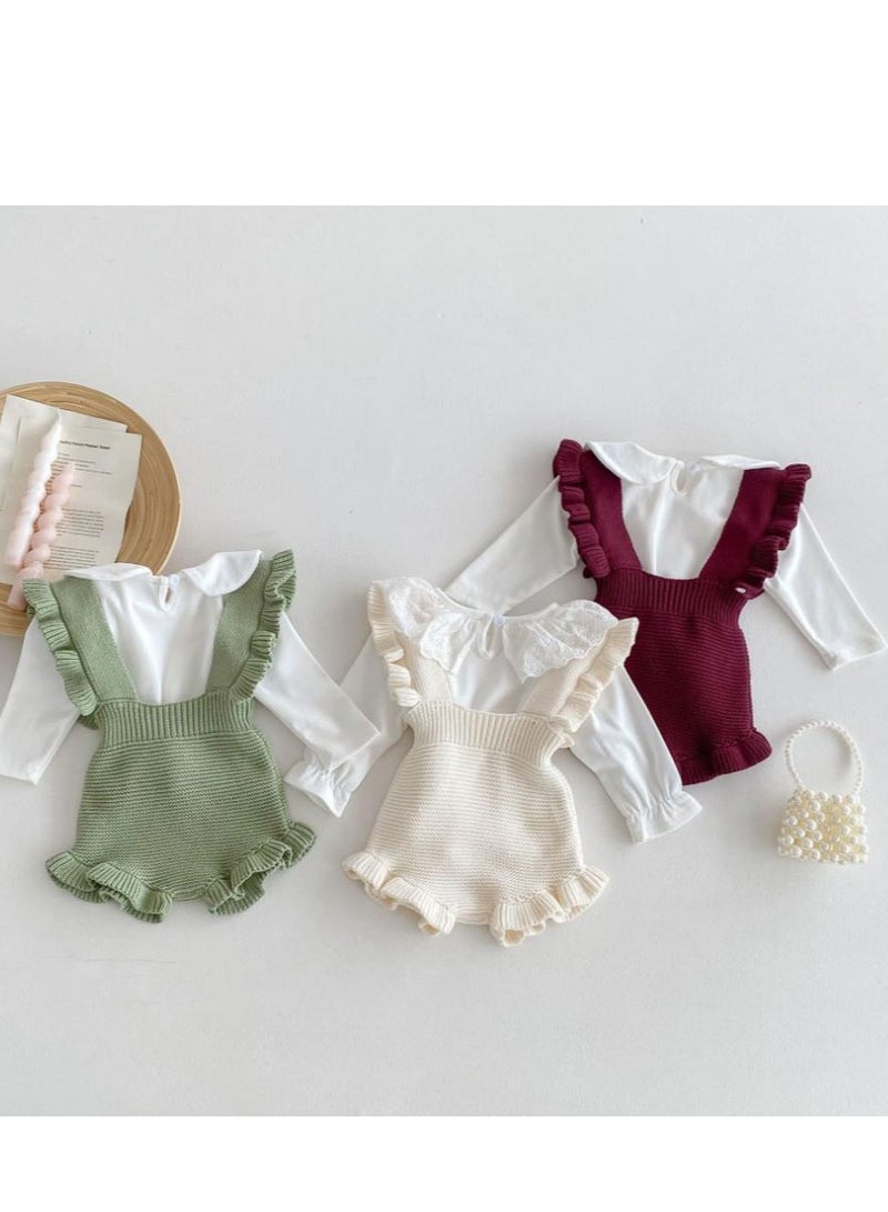 Baby And Toddler Style Sweet Ruffled Overalls+Lace Top+Hat Set - Image 5
