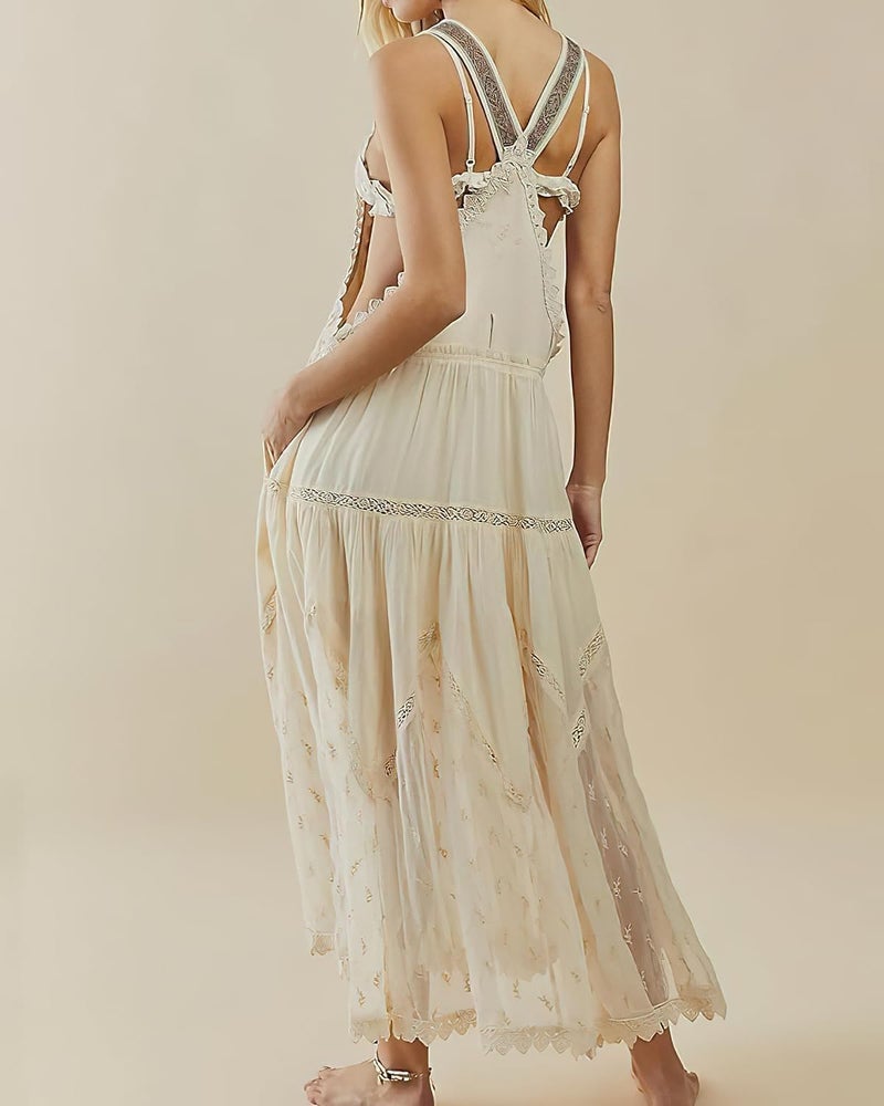 ebossy Women's Laced Embroidered Tulle Bib Dress Casual Loose Adjustable Straps Maxi Dress (S, Apricot) - Image 2