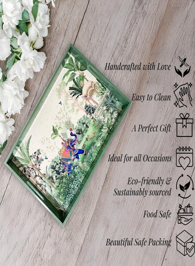 CRAFTSLANE Handcrafted Wooden Tray | Fancy Tea & Coffee Rectangular Tray with Handle | Elegant Decorative Serving Tray in Lacquer Finish | Majestic Tranquility (15"x10") - Image 4