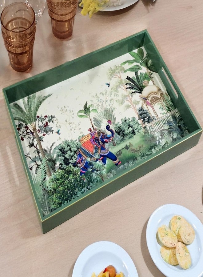 CRAFTSLANE Handcrafted Wooden Tray | Fancy Tea & Coffee Rectangular Tray with Handle | Elegant Decorative Serving Tray in Lacquer Finish | Majestic Tranquility (15"x10") - Image 5