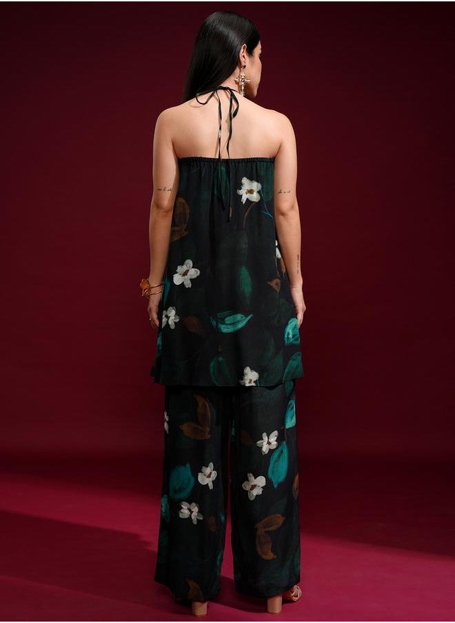 Vishudh Floral Printed Halter Neck Tunic and Palazzo Pants Co-Ords by Styli  - Image 3