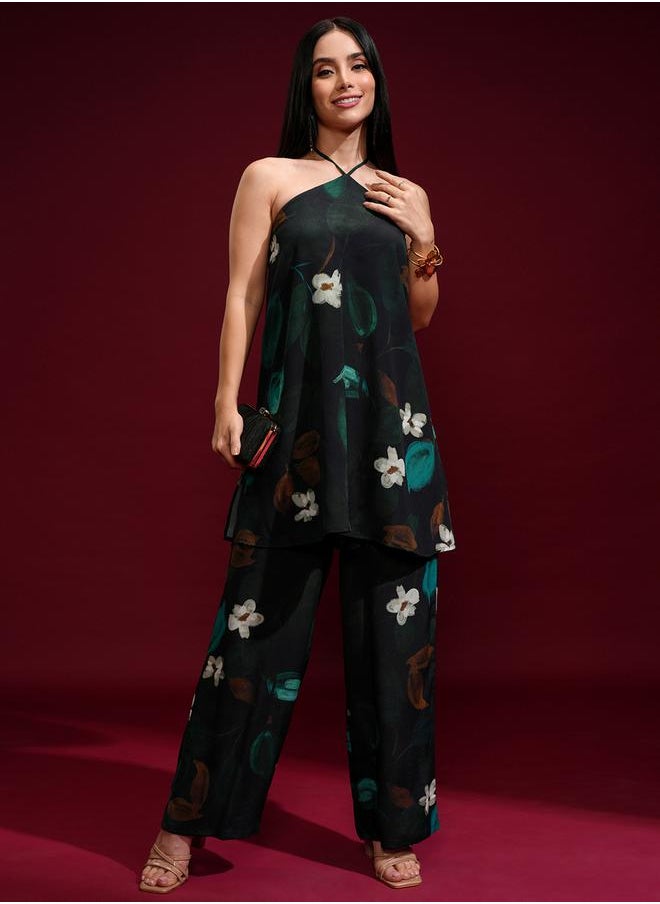 Vishudh Floral Printed Halter Neck Tunic and Palazzo Pants Co-Ords by Styli  - Image 2