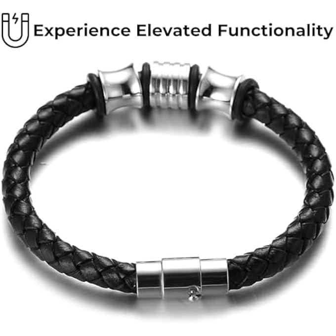 Halukakah Children ● Solo Junior ● Boy Genuine Leather Bracelet Hand Black 6-12 Years Silver Titanium Steel Beads Magnetic Clasp 7"/18Cm With Box - Image 5