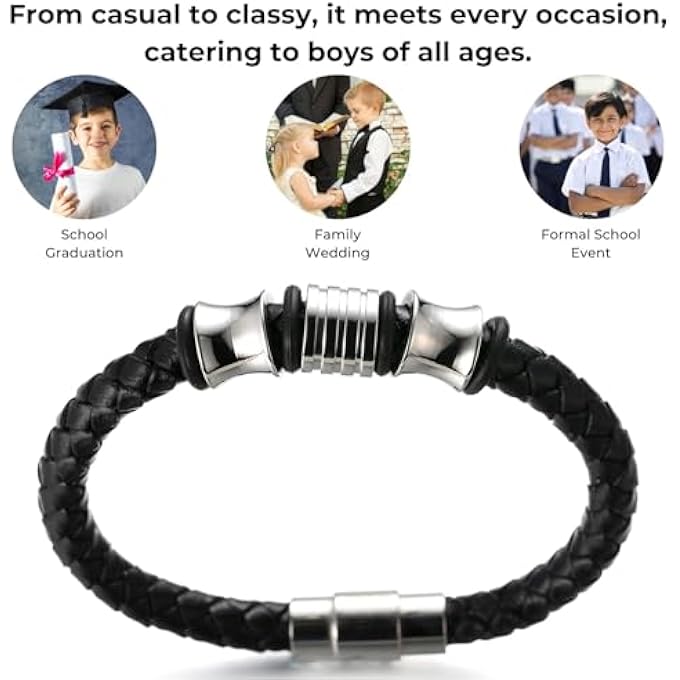 Halukakah Children ● Solo Junior ● Boy Genuine Leather Bracelet Hand Black 6-12 Years Silver Titanium Steel Beads Magnetic Clasp 7"/18Cm With Box - Image 4