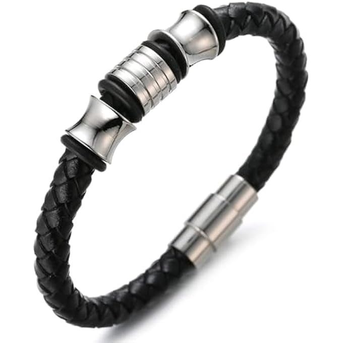 Halukakah Children ● Solo Junior ● Boy Genuine Leather Bracelet Hand Black 6-12 Years Silver Titanium Steel Beads Magnetic Clasp 7"/18Cm With Box - Image 1
