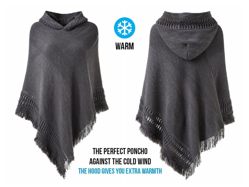 Ferand Ladies' Hooded Cape with Fringed Hem, Crochet Poncho Knitting Patterns for Women, Grey - Image 3