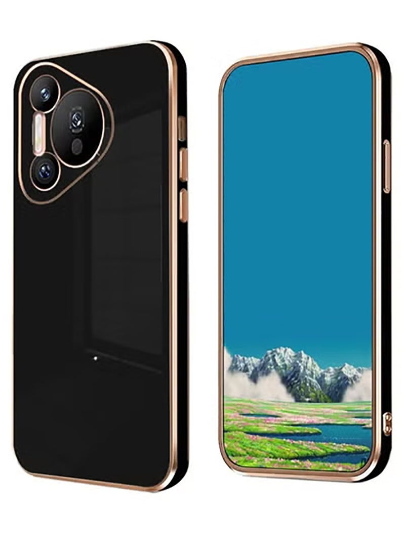 Compatible with Huawei Pura 80 Pro/Pura 80 Pro+ cover, smooth veneer gold plated chrome, black Thin and smooth shock-proof full protection Huawei Pura 80 Pro/Pura 80 Pro+ case -Black - Image 1