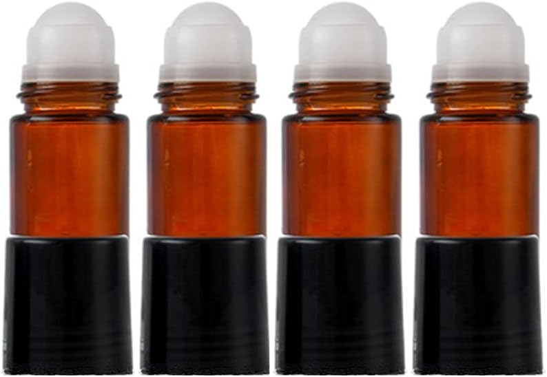 4 Pack 30ml/1 oz Amber Glass Roller Bottles Deodorant Roll On Bottles Travel Refillable DIY Deodorant Containers With Plastic Roller Ball For Fragrance Essential Oil Perfume