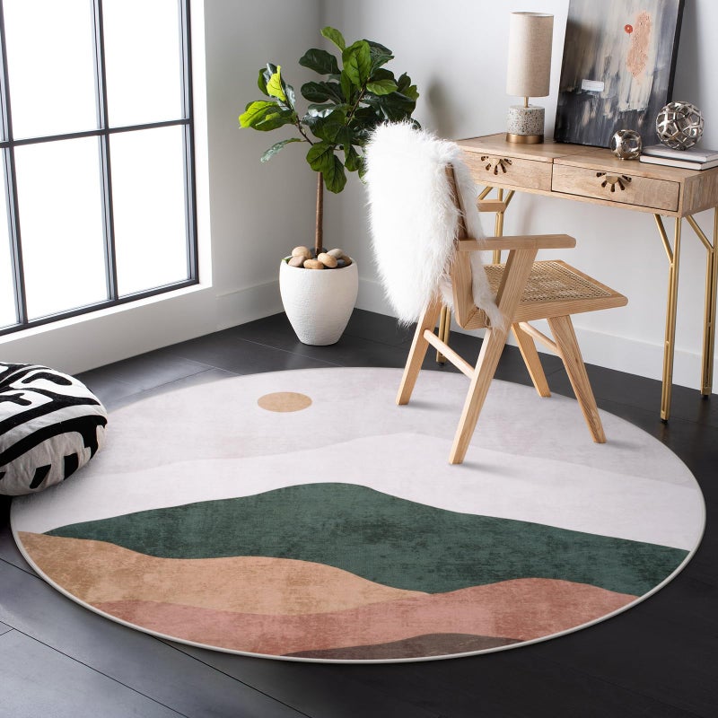 Sungea 4ft Abstract Round Rug,Soft Washable Non-Slip Sun and Mountain Circle Kids Room Rugs,Chic Faux Wool Low-Pile Circular Throw Rugs for Entryway/Bedroom/Nursery/Living Room/Bathroom(Grey) - Image 1